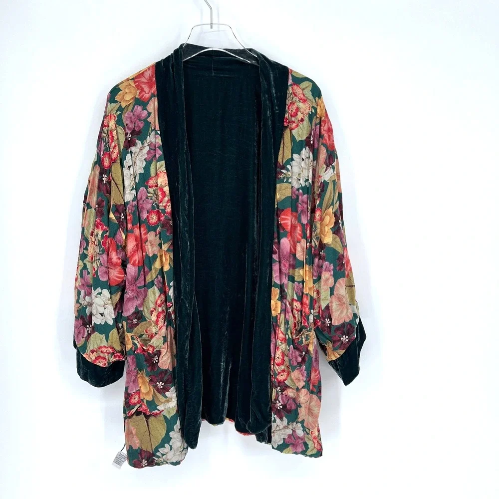 Johnny Was Jade Cardigan Womens XL Reversible Velvet Silk Floral Green Kimono